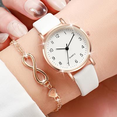 Friendly Fresh Finds Womens Fashion Quartz Watch With Arabic Dial, Leather Band, And Gold Heart Bracelet Set Womens Fashion Quartz Watch With Arabic Dial, Leather Band, And Gold Heart Bracelet Set