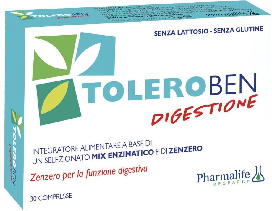PHARMALIFE RESEARCH Srl Toleroben Digestione 30 Compresse - Integratore Alimentare con Mix Enzimatico e Zenzero