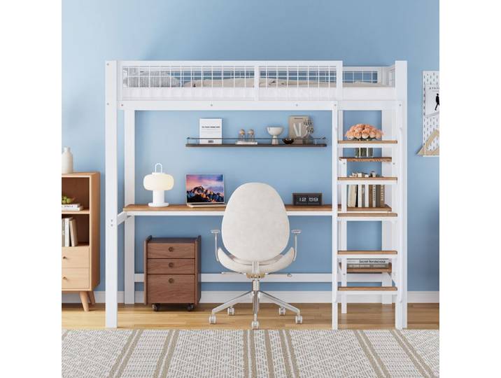 Lit mezzanine 90x200cm avec bureau et tagre de rangement lit enfant avec chelle et barrire de scurit cadre de lit en