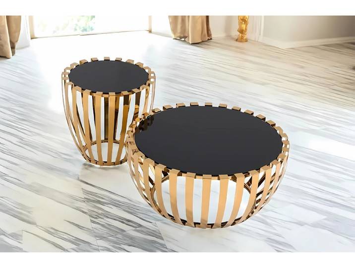 alesvelt Beistelltisch Couchtisch Set gold gehärtete Glasplatte (2er-Set), 55x53cm, 90x40cm gehärtete Glasplatte