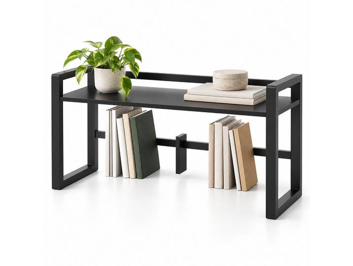 Relaxdays Tischregal Schwarz Bambus verstellbare Buchstütze 39x66 cm, Holz, Textil, 66x39x19.5 cm, Büromöbel, Schreibtische
