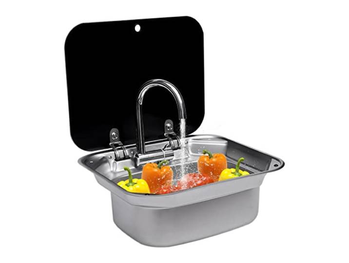 Küche Edelstahlspüle Wohnmobil Spüle Klappdeckel 304 Edelstahl Mit Wasserhahn Komplettset Eignet Sich für Wohnmobile Kleine Küchen Bars Hotels (42.3 * 37.3 * 15cm) ﻿