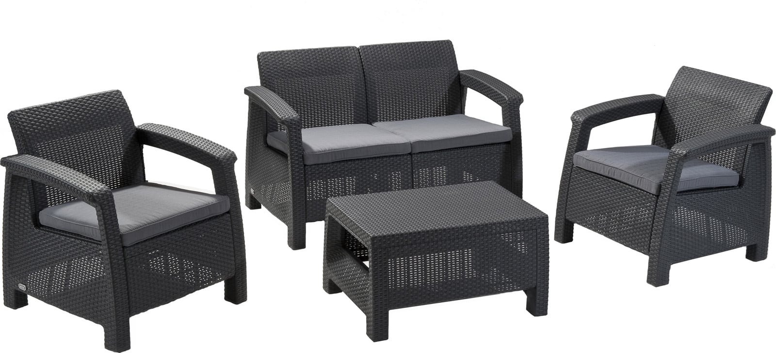 Keter Corfu loungeset voor 4 personen met 2-persoonsbank, 2 fauteuils en tafel, grijs