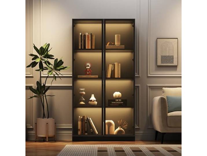 BTM Glasvitrine mit APP LED-Beleuchtung, doppeltürige mit beweglichen Einlegeböden, 80x40x160cm,Hochschrank für Wohnzimmer, Standvitrine,Badezimmerschrank