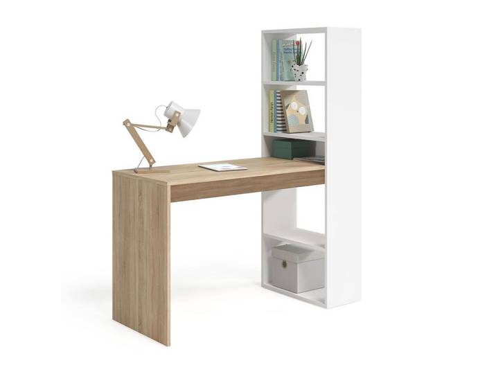 Calicosy Umkehrbarer Schreibtisch mit Regal - L120 cm, Weiß, 53x144x120 cm, Büromöbel, Schreibtische, Schreibtischkombinationen