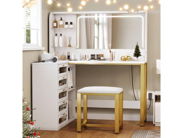 Coiffeuse avec Lumières Luminosité Réglable Coiffeuse avec Miroir Table de Maquillage avec tabouret 5 tiroirs et 4 étagères