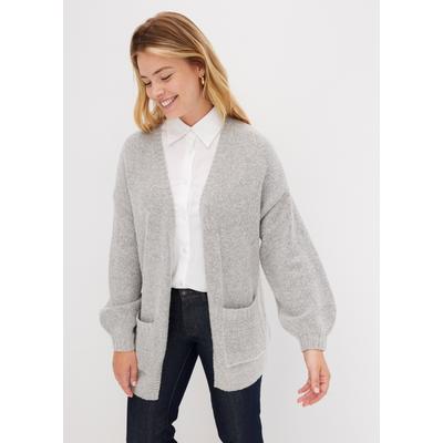 Strickjacke BONPRIX "Oversize-Strickjacke", Damen, Gr. 52/54 (XXL), grau (hellgrau meliert), Obermaterial: 75% Polyacryl, 22% Polyester, 3% Elasthan, oversize, Strickjacken Strickjacke, Oversize-Passform, mit aufgesetzten Taschen