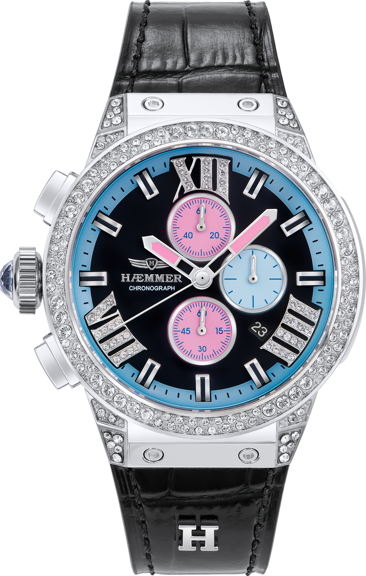 Chronograph HAEMMER GERMANY "EMINENT", schwarz (schwarz, silberfarben, türkis, schwarz), Armbanduhren, Damen, edelstahlfarben, Chronograph, Quarzuhr, Armbanduhr, Damenuhr, analog, Tag, Stoppfunktion