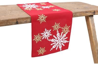 Manor Luxe "Magical Snowflakes Christmas Table Runner 16""x36"", Red"