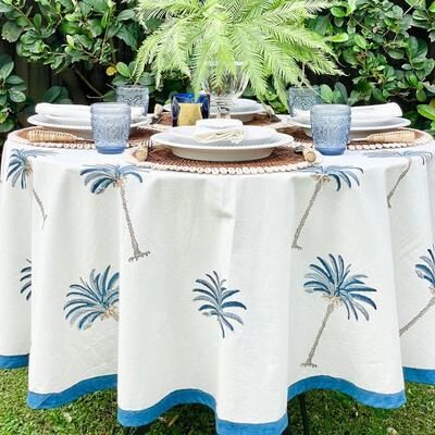 Decor Mantra Round Tablecloth- Palm Tree Blue