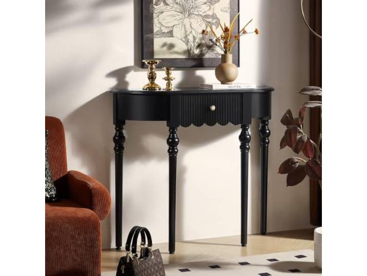 Massivholz Konsole Tisch mit geriffelten Schubladen für Eingangstisch FAS-Qualität Gummiholz, französischer Retro-Stil, schmal platzsparend, Flurkonsole Tisch(Black,39.4in/100cm)