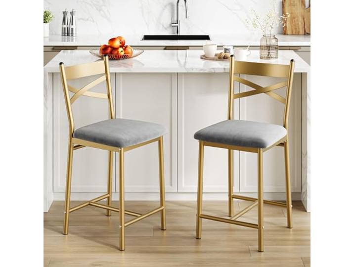 IDEALHOUSE Barhocker-Set mit Rückenlehne, Kunstleder-Sitz gepolstert - Metallgestell mit Fußstütze - für Küche/Esszimmer/Kücheninsel - 26 Zoll Sitzhöhe, 2er-Set, Gold
