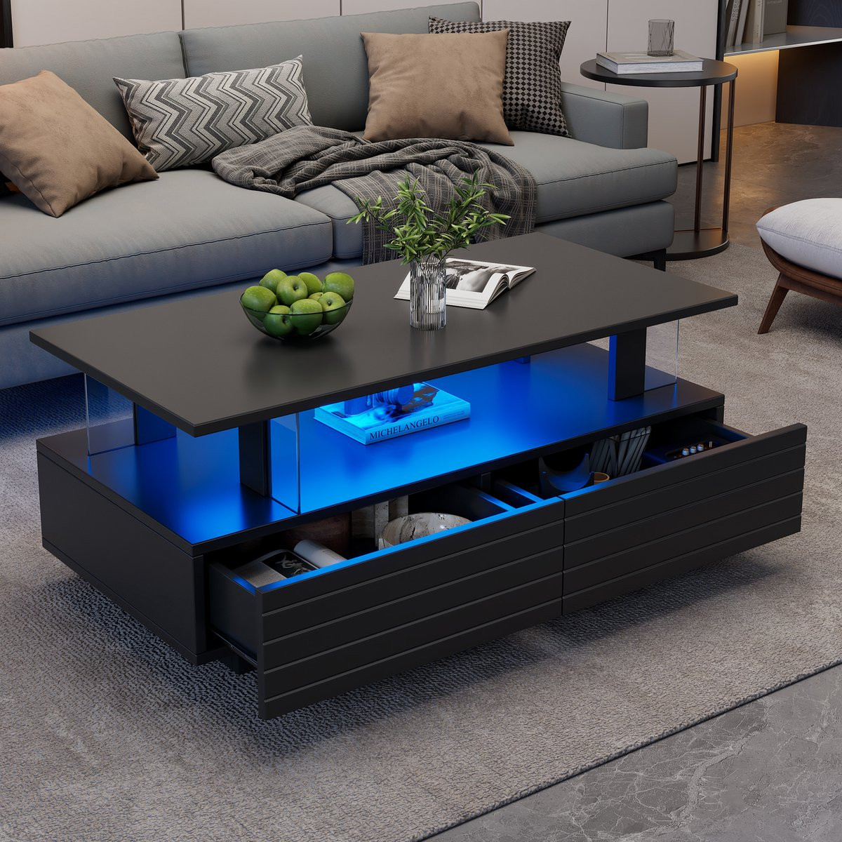 Merax Salontafel met opbergruimte, LED-verlichting en Bluetooth-bediening, zwart