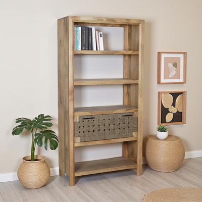 ZWYO HOSIMU "72""H Shelf with Drawer - Boho Style Mango Wood Frame, 4 Shelves, Jute Weave Drawer Front for Stylish Home Organization"
