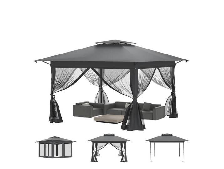 Gartenpavillon 4 x 4 m Anthrazit mit Moskitonetz, Metall, 400x285x400 cm, Sonnenschutz, Pavillons