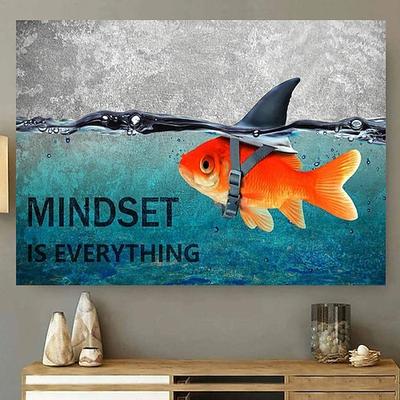 inspirierendes Goldfisch-Hai-Leinwand-Wandkunst-Poster, ungerahmt, Leinwanddruck, Büro, Schlafzimmer, Badezimmer, Dekor, motivierende Denkweise ist alles, Kunstwerk, Zuhause, Küche, Wohnzimmer, Wand