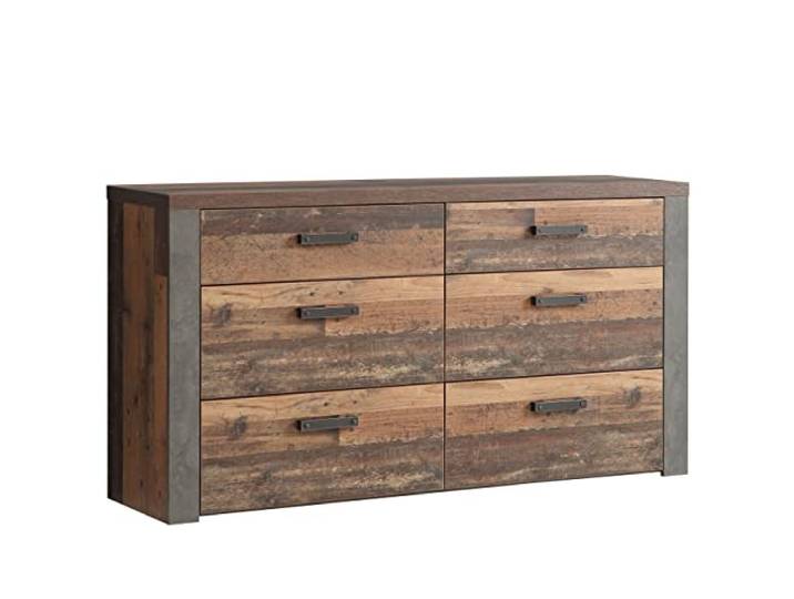 Newroom Sideboard Old Wood Vintage Betonoptik Industrial Wohnzimmer Flur 6 Schubladen mit Bügelgriff, Kommode Schlafzimmer, Anrichte Küche, Used-Look grau, für Diele und Esszimmer