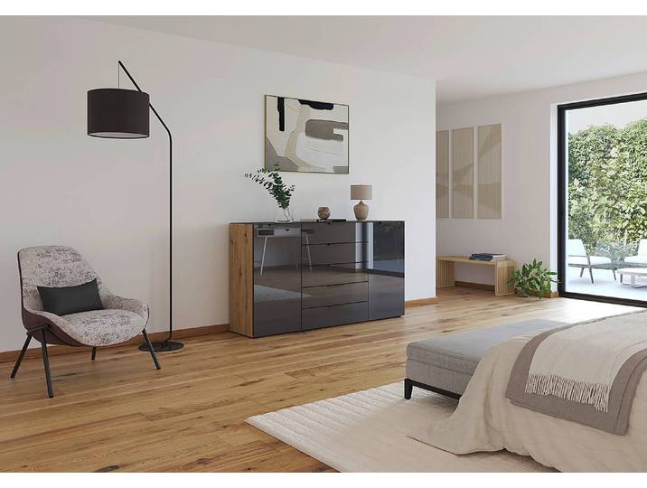 Sideboard Flipp Glas Typ B 180cm Braun/Graphit/Eiche Artisan Dekor