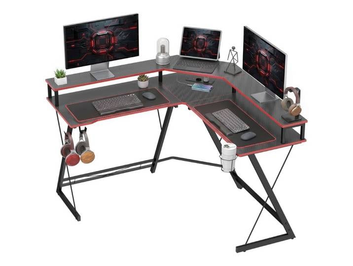 Bureau Gaming en L – Avec prises & support écran – pour gaming et bureau – 128 cm Noir
