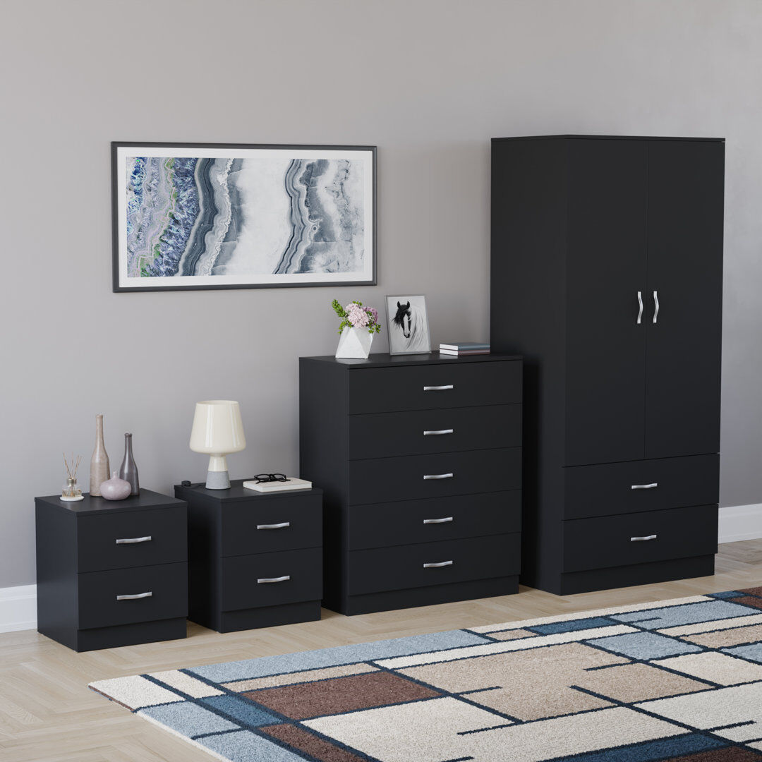 17 Stories Tayce 4 Piece Bedroom Set (2 Drawer Bedside Chest X2, 5 Drawer Chest, 2 Door 2 Drawer Wardrobe Black