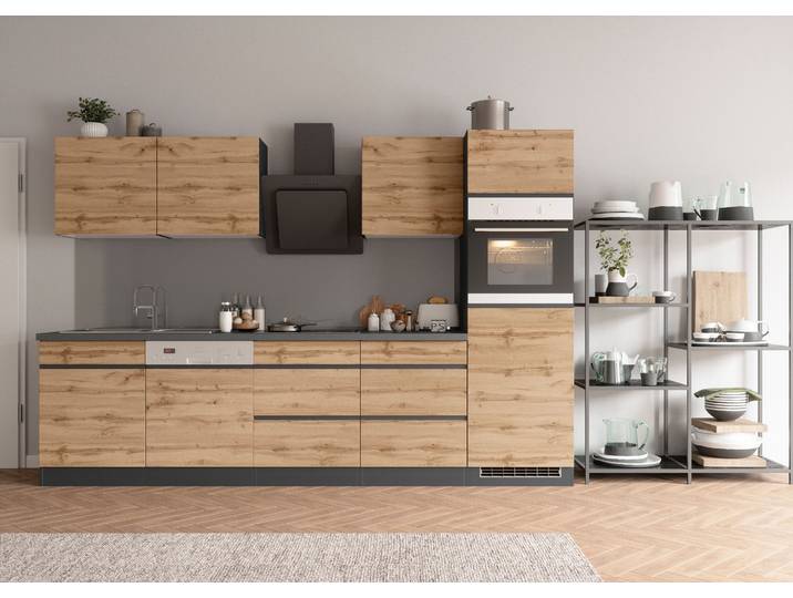 Küchenzeile KOCHSTATION KS-Riesa , grau (küche: natur, front: wotaneiche, korpus: grafitgrau, arbeitsplatte: betongrau), B:300cm H:200cm T:60cm, Komplettküchen-Sets, Küchenzeile, Stellbreite 300 cm, ohne E-Geräte