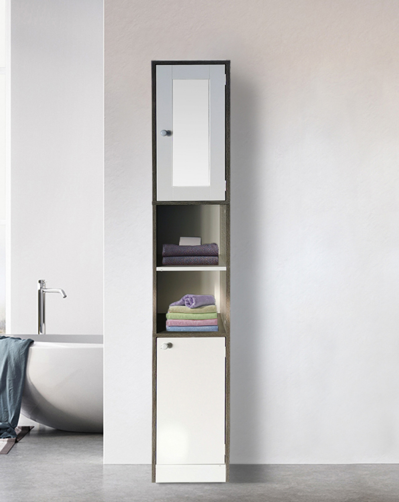 VDD Kolomkast met spiegel voor badkamer, slaapkamer of hal, grijs wit, Hoogte: 180 cm