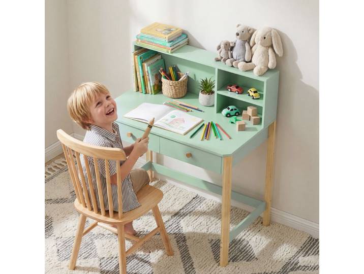 Bureau enfant en bois bureau avec rangement 2 tiroirs et 3 compartiments ouverts plateau large 90x52x105cm vert