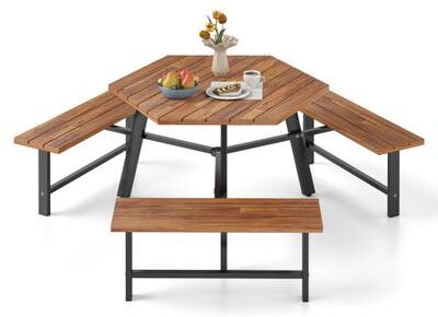 Costway 6 Person Acacia Wood Picnic Table Bench Set with 3 Seats