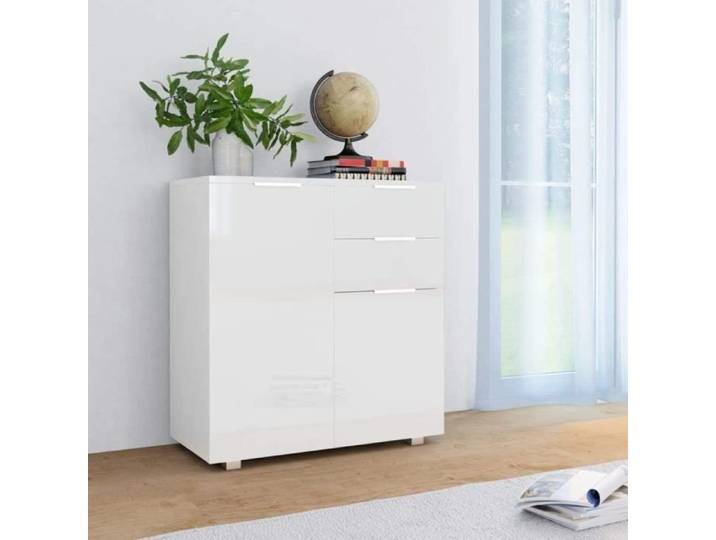 Buffet - Design Elégant Blanc Brillant - Avec 2 tiroirs et 2 Portes - Aggloméré