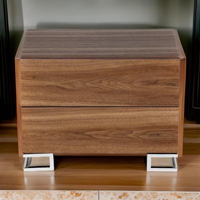 Benjara Sam 20 Inch Nightstand, 2 Drawers, Walnut Brown, High Polished Metal Legs