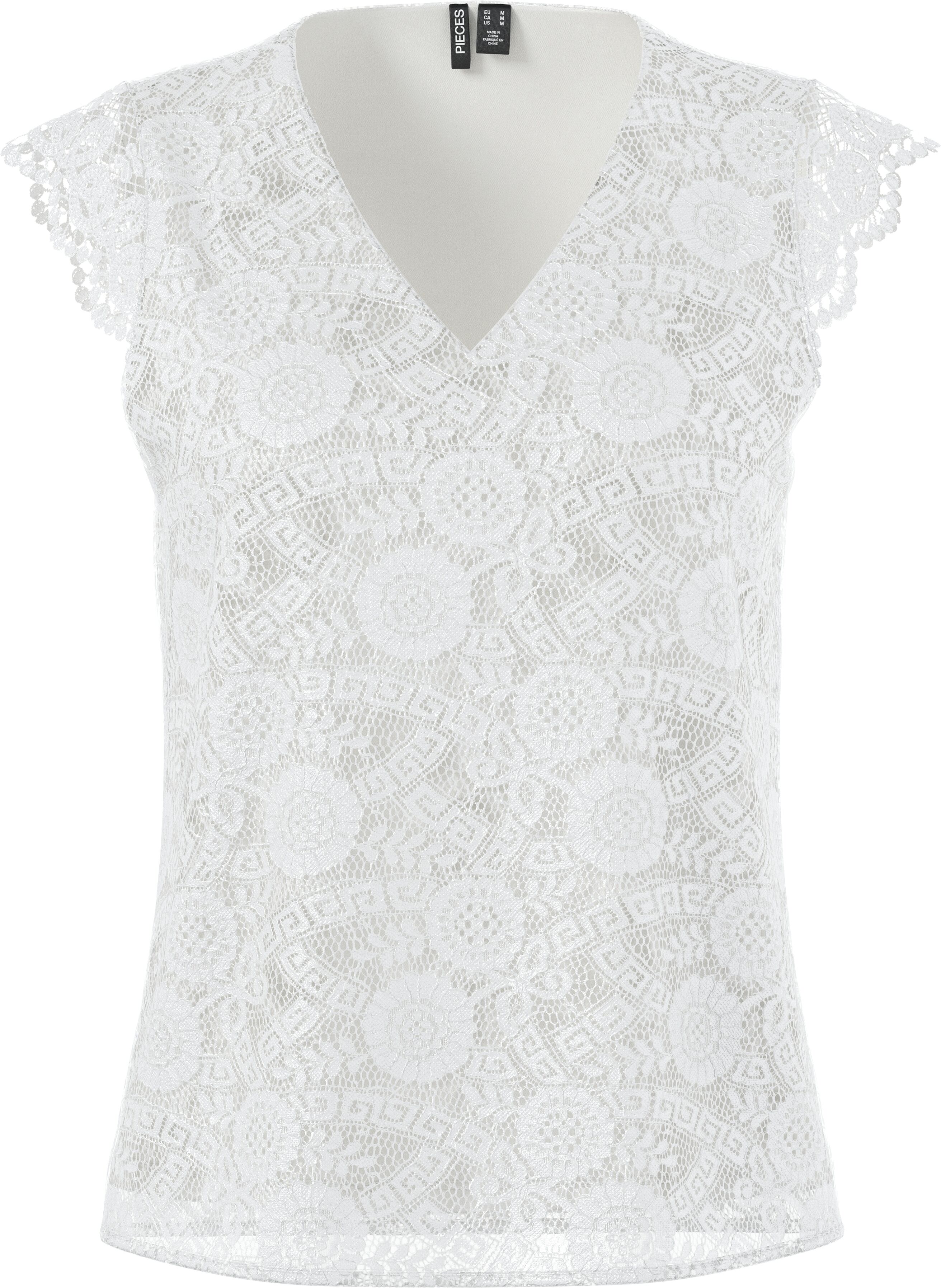 Spitzentop PIECES "PCOLLINE SL LACE V-NECK TOP WVN NOOS", Damen, Gr. S, weiss (cloud dancer), Spitze, Obermaterial: 90% Nylon, 10% Elasthan, unifarben, regular fit normal, V-Ausschnitt, Tops Spitzentop cloud dancer S