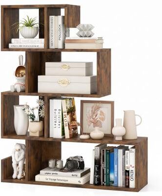 Costway 5-Tier S-Shaped Bookshelf Geometric Z-Shelf Bookcase with Open Cubes-Rustic Brown