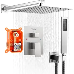 VEVOR Duscharmatur Regenduschsystem fürs Badezimmer Duschsystem mit 254 mm quadratischen Regenduschkopf & Handbrause, wandmontierte Badezimmerarmaturen mit Messingventil & Zierset, gebürstetes Nickel