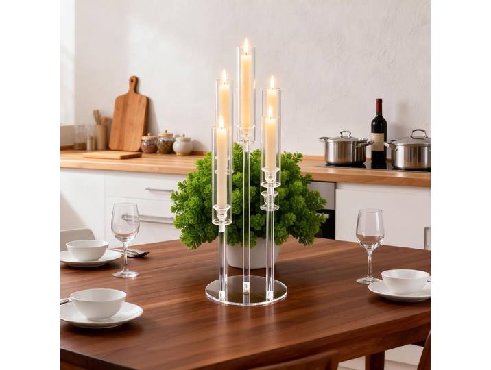 Élégant candélabre en acrylique transparent pour décoration de table - Chandelier en cristal haut de gamme avec cylindres en verre et bougies LED - Décoration de table moderne amovible pour mariages