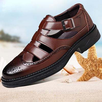 LightInthebox Men's Brown Leather Fisherman Sandals with Brogue Detailing, Breathable Cutout Summer Dress Shoes for Middle-Aged Professionals or Casual Beach Wear