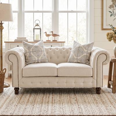 Furniture of America Ravti Traditional Beige Solid Wood Chesterfield Rolled Arm Loveseat