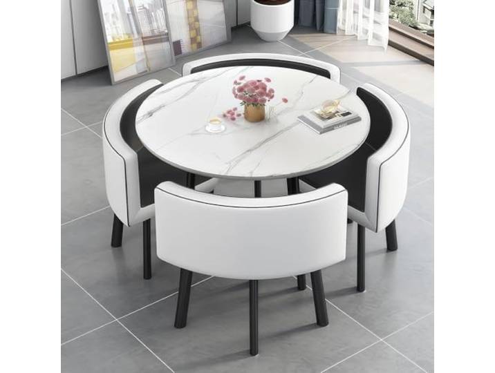 AMZSEW Esstisch und 4 Stuhlset, 90cm Runder Esstisch und 4 Kunstleder Esszimmerstühle,platzsparendes für Küche, Wohnzimmer, Balkon, Restaurant, Büro,Holzt + hellgraus,Black and White Round