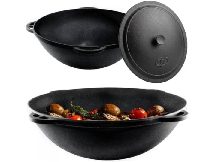 CKG Kazan Gusseisen Topf 12 L, Usbekischer Dutch Oven Ohne Füße Für Plov, Grill Und Feuerstelle, Schwerer Schmortopf Mit Deckel Für Outdoor Küche Und Camping