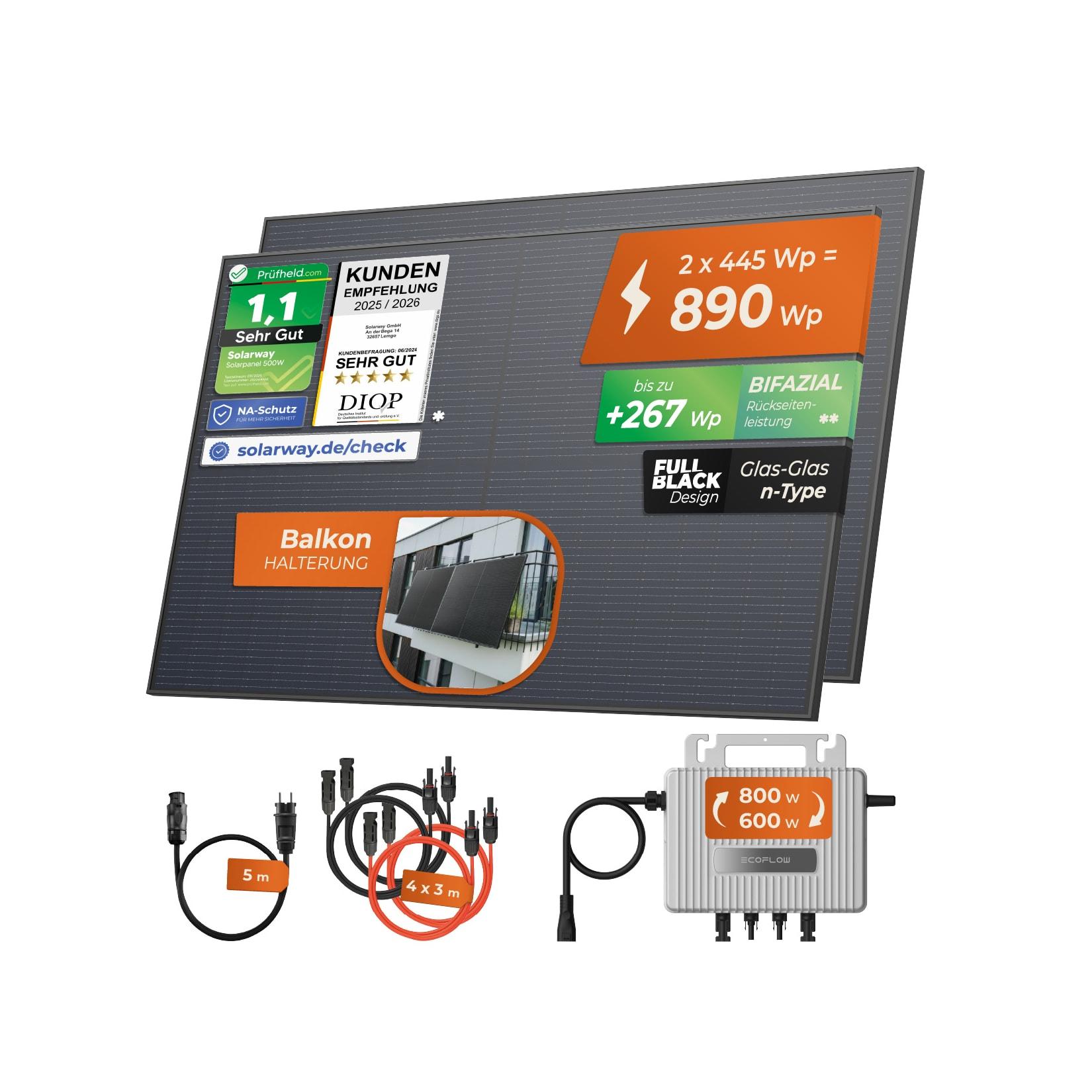 Solarway® 890Wp / 800W Balkonkraftwerk komplett Steckdose - neuester EcoFlow Stream 800 Watt Wechselrichter - Solaranlage Komplettset - 445W bifaziale Solarmodule & EcoFlow & Zubehör