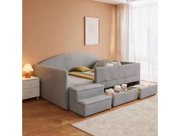 Lit cabane enfant 90x190 cm avec rangement et marchepied velours cool gray