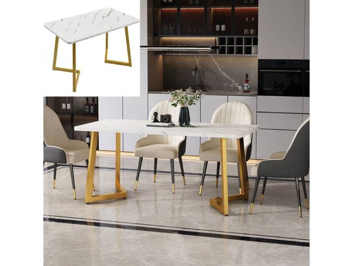 Table à Manger - Imitation Marbre - Pieds Dorés - 117x68cm - Pour Salle à Manger/Salon - Blanc et Or