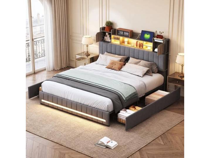 Lit Coffre 160x200 cm avec Sommier Lit 160x200 cm avec 4 tiroirs Lit double 160x200 cm avec éclairage LED RGB ports USB Lin Gris