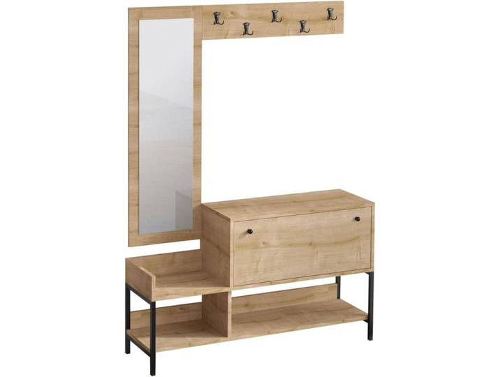 Meuble d'entrée avec miroir et patère murale effet chêne