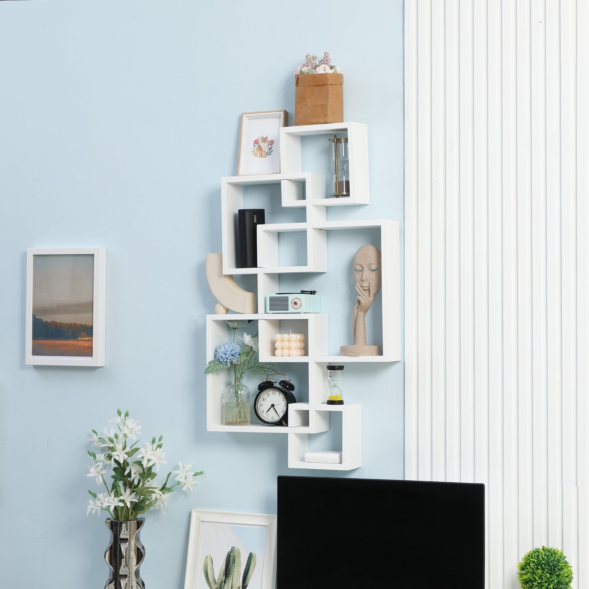giordanoshop Libreria Moderna Sospesa con 5 Cubi Intrecciati 49,5x10,2x86 cm in Legno Bianco...