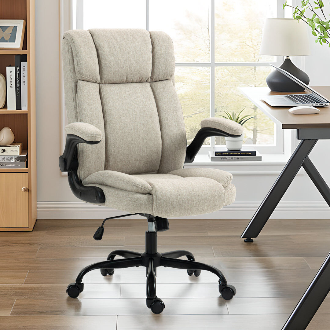 Brayden Studio High Back Ergonomic Executive Office Chair with Flip-up Armrests Beige 113cm H X 64.5cm W X 70cm D