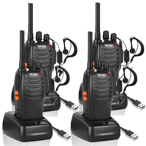 JUAUO Professionele Walkie Talkies PMR446, 2 sets van 2 oplaadbare portofoons met 16 kanalen, headset en USB-laadstation, zwart