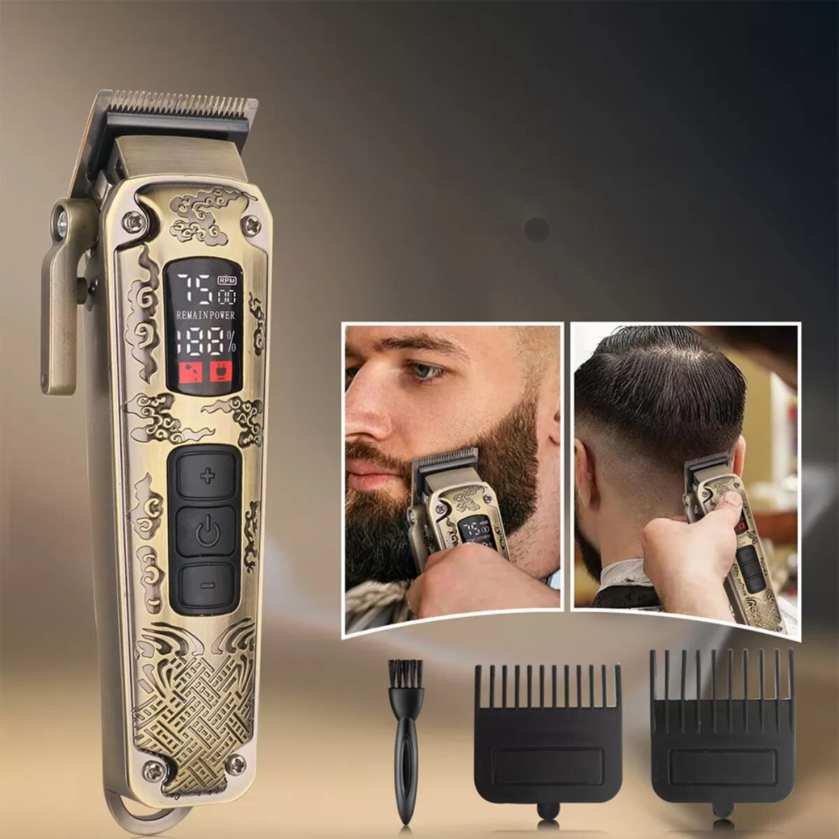 INF Professionelle Retro Gold Haarschneidemaschine - Kabellos, Einstellbare Geschwindigkeit, LED-Anzeige