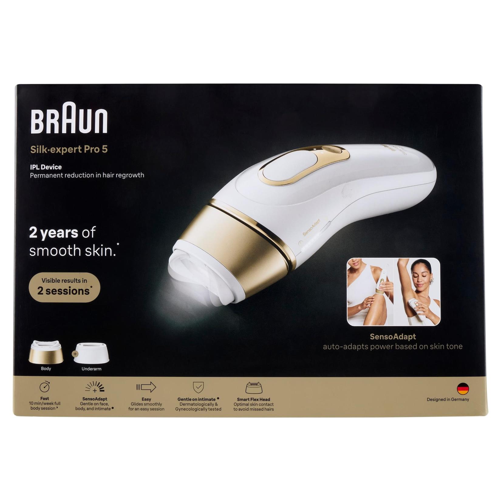 BRAUN IPL Silk·expert Pro 5, professionelle Haarentfernung, 2 Aufsätze, PL5210 IPL Haarentferner (IPL-Haarentfernungsgerät mit Smart Flex-Aufsatz für 100% Abdeckung, auch in schwierigen Bereichen, 1 Aufsatze, Tasche, dermatologisch und gynäkologisch getest