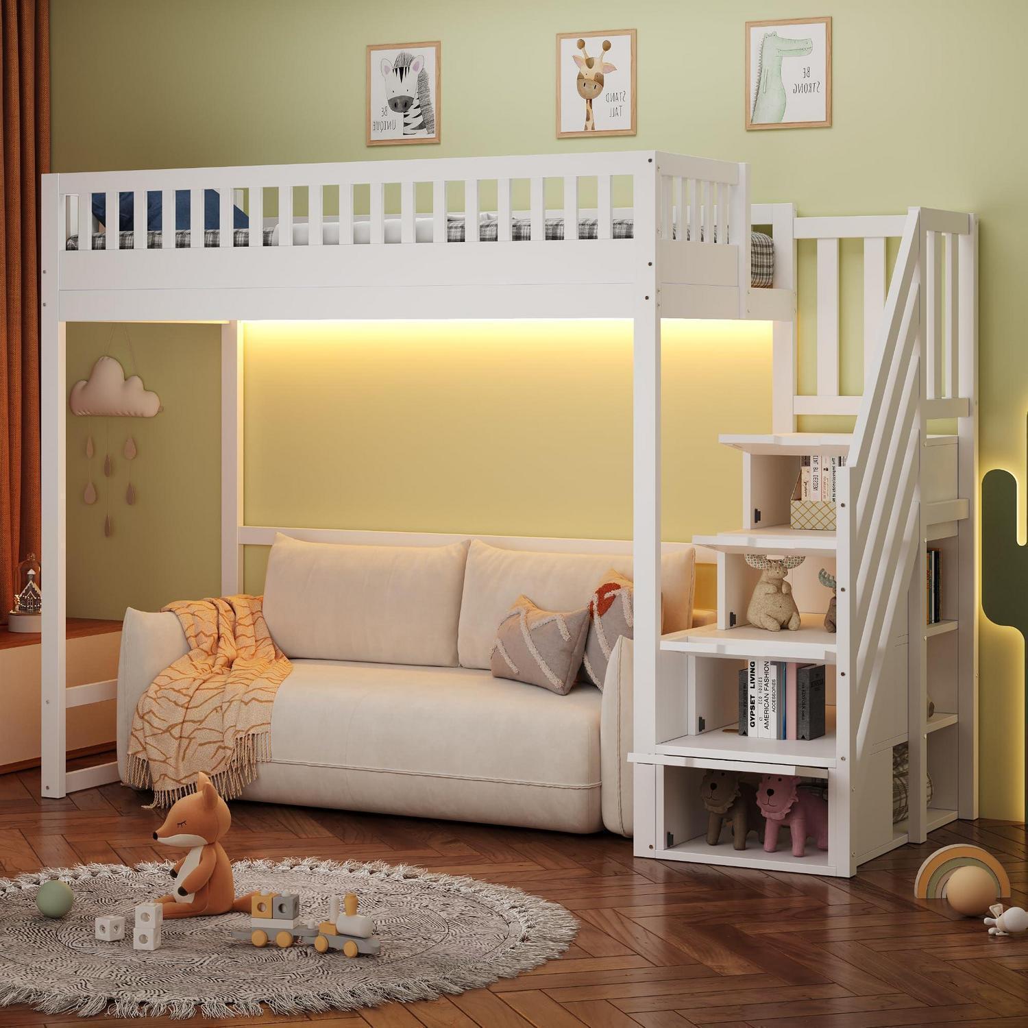 Hochbett 90x200 mit Lattenrost, Treppe & LED, Weiß, Kiefernholz