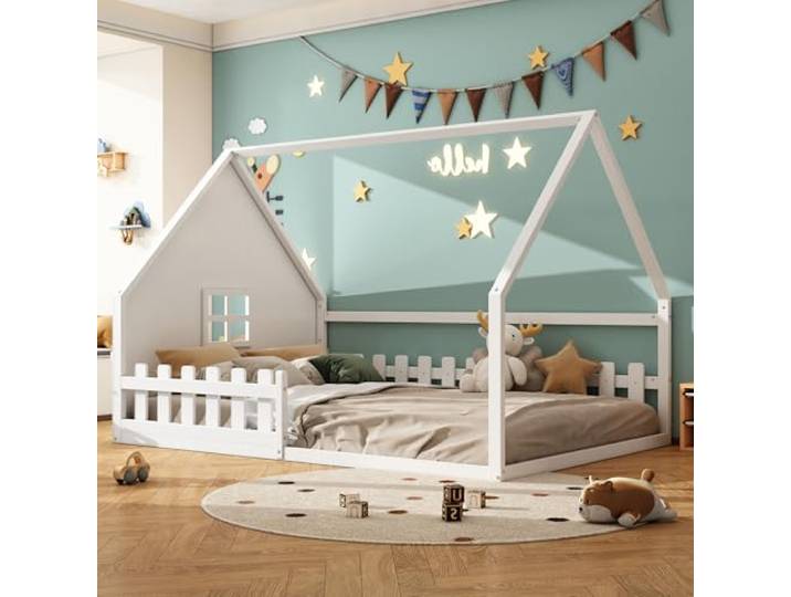Bellemave Kinderbett Hausbett 140×200 cm, Bodenbett, Kiefernholz, weiß Kinderbett mit Hausform, Montessori Bett mit Schutzgeländer, Lattenrost, ohne Matratze
